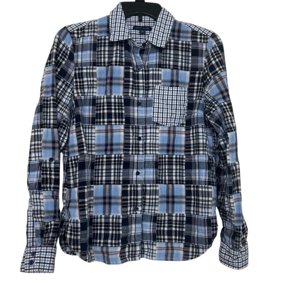 Tommy Hilfiger Madras Patchwork Plaid Shirt Blue Cotton Preppy Coastal Small